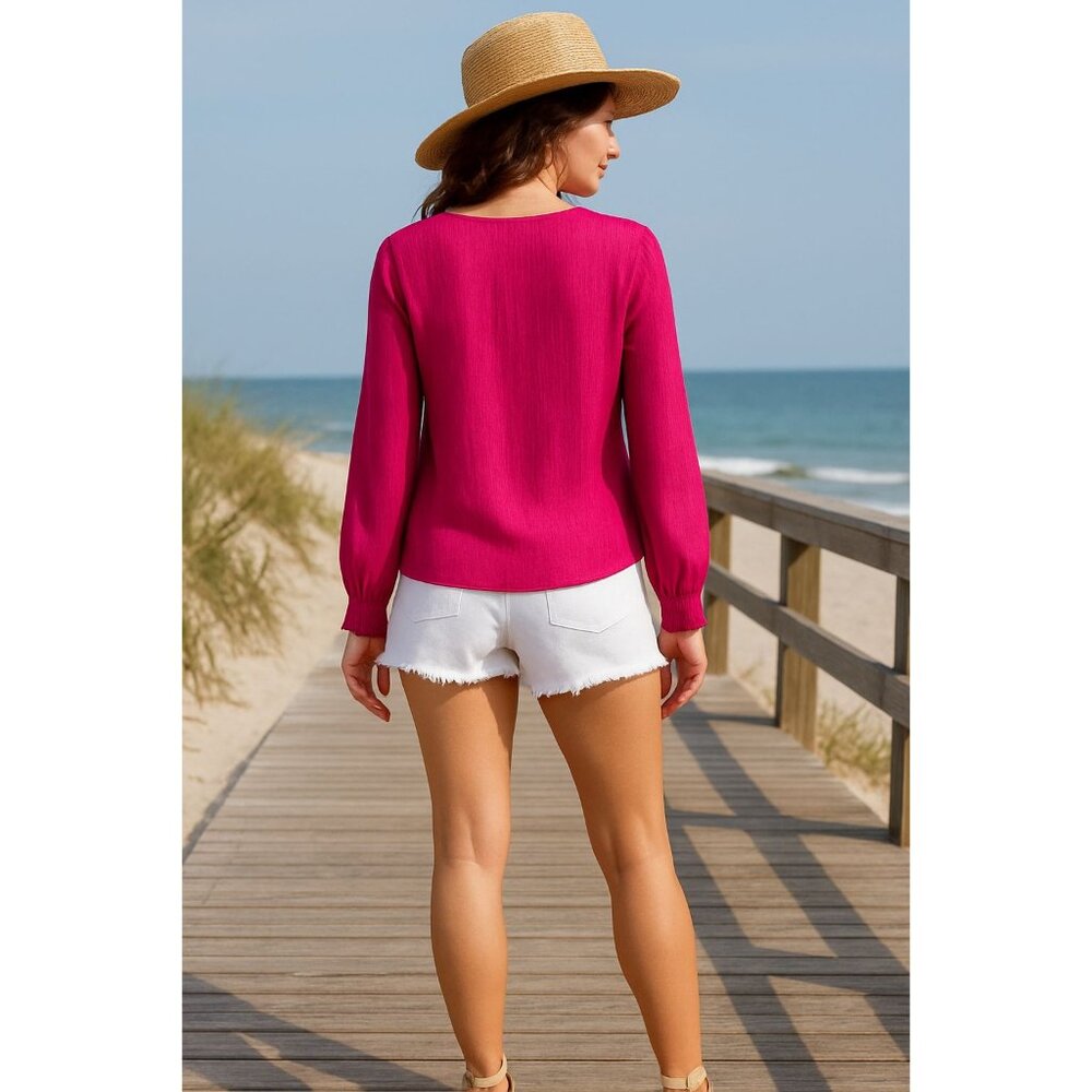 Simply Styled by Sears Sheer XL Fuschia Pink Long Sleeve Blouse Keyhole Neckline - Picture 4 of 10